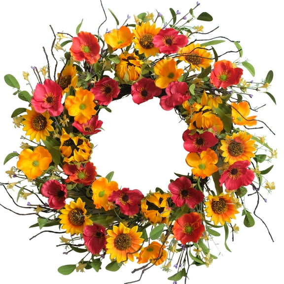 22-inch Fall Wreath Yellow Sunflower Red Yellow Flower Green Leaf Autumn Wreath Front Door Corridor Window Home Decoration Thanksgiving Halloween Party Wedding Office Decoration
