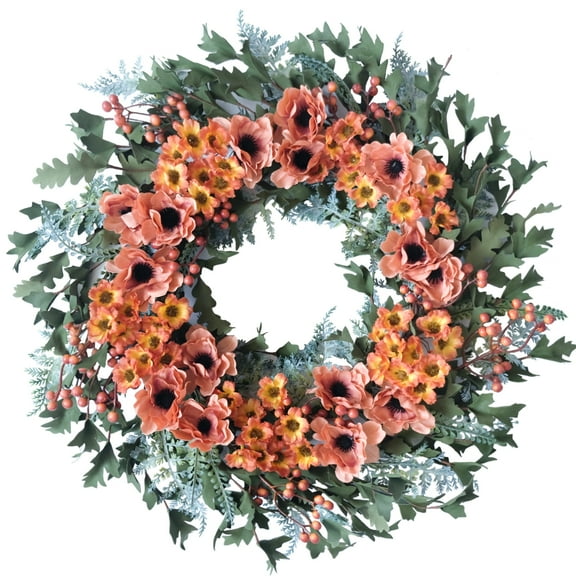 22 Inch Fall Flower Wreath for Front Door, Autumn Yellow Orange Forsythia Flower Indoor Outdoor Wreath with Berries Foam Leaves