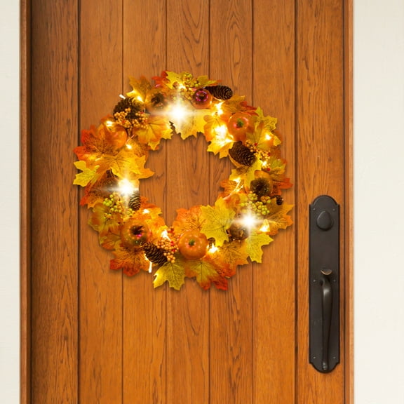 22 Inch Fall Wreath with LED Lights - Pre-lit Artificial Sunflowers & Maple Leaves Wreath, Easy Install for Front Door, Thanksgiving Halloween Autumn Decorations