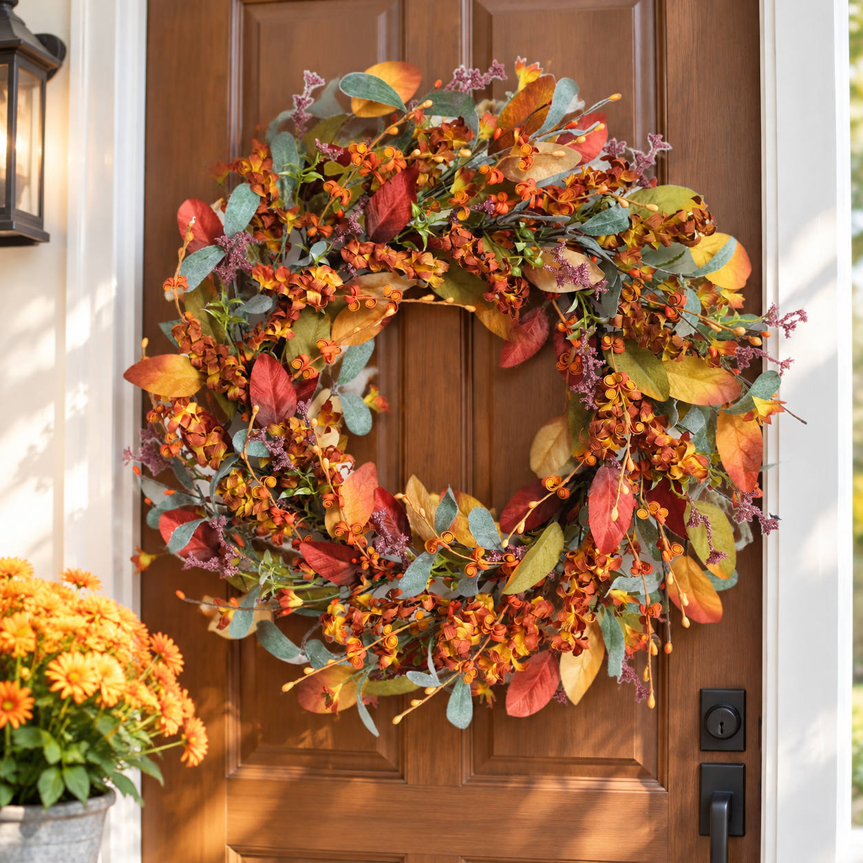 22 Inch Fall Wreath for Front Door - Artificial Eucalyptus Berry Autumn ...