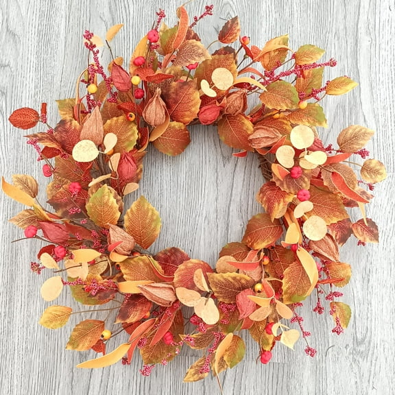 22-Inch Fall Wreaths for Front Door, Physalis Wreath Fall Decor with Golden Berries and Eucalyptus Leaves, Perfect for Autumn Harvest Home and Porch Decor