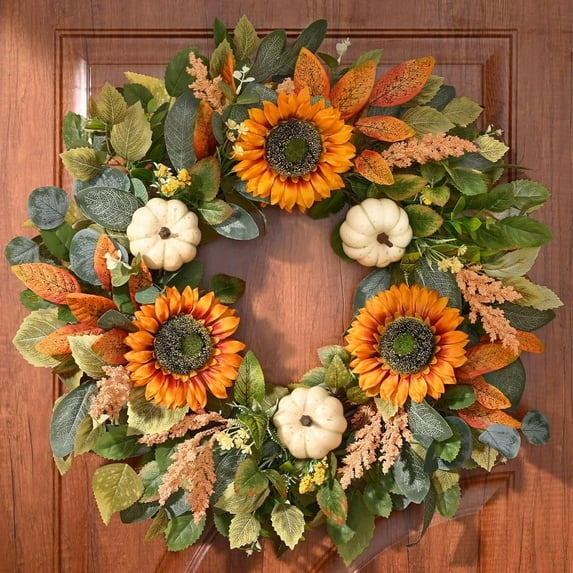 22 Inch Fall Wreaths for Front Door, Sunflower Autumn Wreath with White Pumpkin Decorations Fall Door Wreath Outdoor Indoor Thanksgiving Harvest Fall Decor