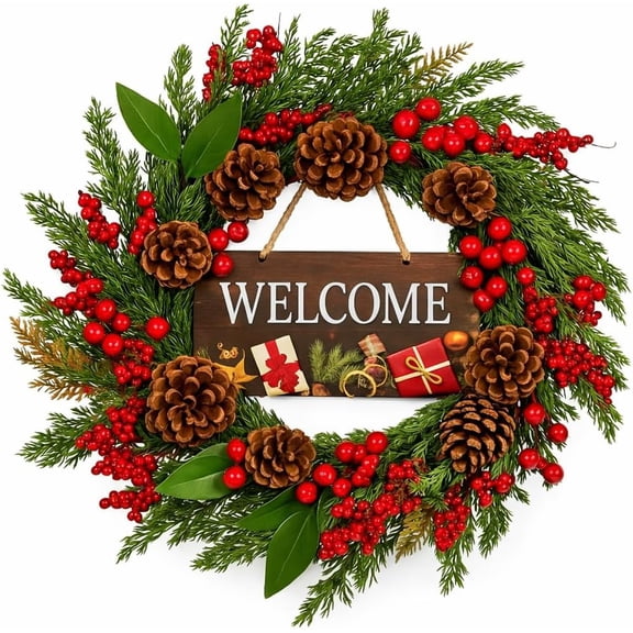 22 Inch Farmhouse Front Door Wreath with Natural Vines, Greenery, Pinecones & Berries, Includes 2 Interchangeable Wooden Signs, Perfect for Indoor Outdoor Front Porch Decor