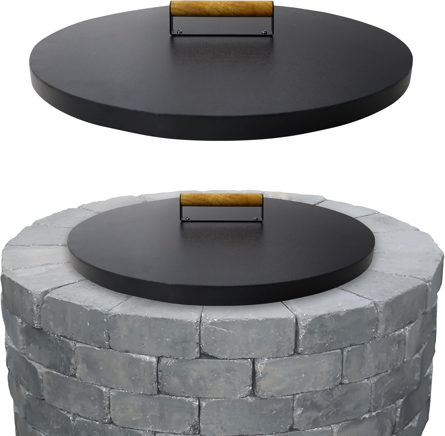 22 Inch Fire Pit id - 16 Gauge Powder Coated Carbon Steel Fire Pit Cover Round with Convenient Wooden Handle Compatible for Fire Pits Inside Diameter of 20 Inch or Less