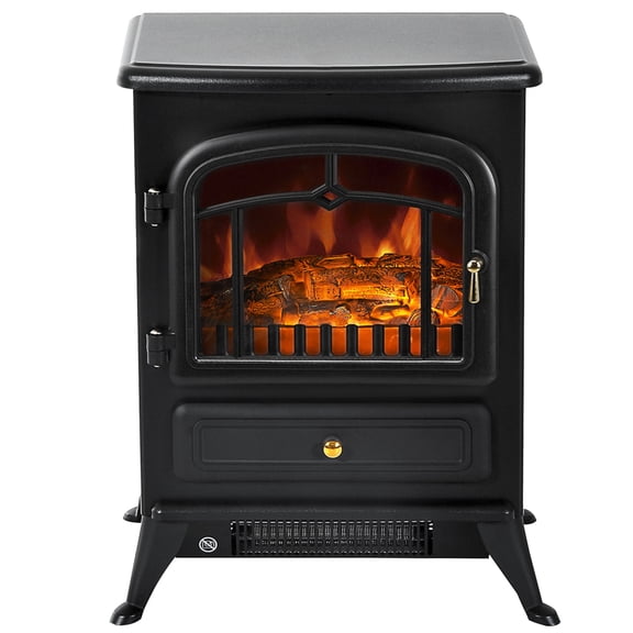 22 Inch Freestanding Electric Fireplace Stove, Realistic LED Flames And Logs, 750W1500W Heater, Black, 16.25" W x 11" D x 21.5" H