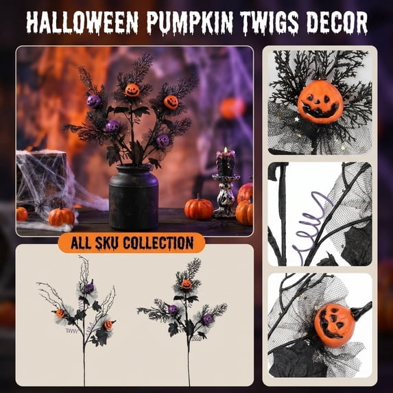 22-Inch Halloween Pumpkin Twig Picks - Black Artificial Branches with Orange and Purple Pumpkins, Gothic Vase Filler and Table Floral Arrangement Decor