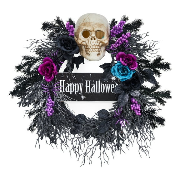 22 Inch Halloween  Wreath with Black, Blue, and Purple Flowers – Pre-Lit Halloween Door Wreath with 20 LED Lights for Front Door, Porch, Entryway – Spooky Artificial Wreath for Halloween Decor