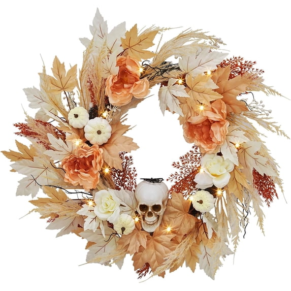 22 Inch Halloween Wreath for Front Door, Halloween Skull Wreath with Lights White Pumpkins Roses, Halloween Decorations Fall Maple Leaves Wreath for Porch Window Indoor Outdoor Decor