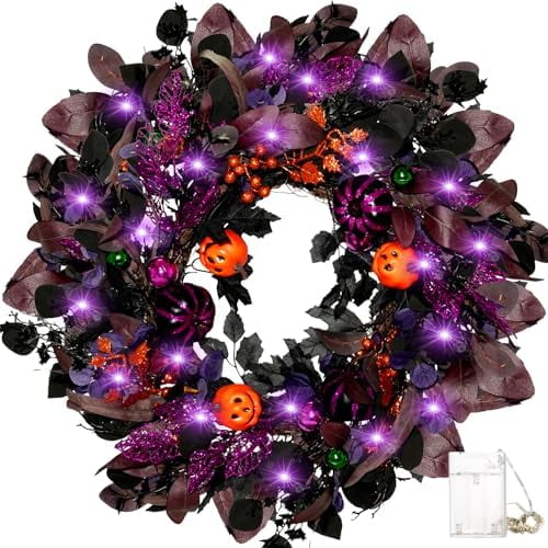 22 Inch Halloween Wreaths for Front Door with Lights, Pre-Lit Pumpkin Wreath, Spooky Ghost Wreath with Purple Glitter, Gold Berries & Ornaments, Halloween Decorations Indoor Outdoor Decor