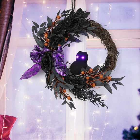 22 Inch Halloween Wreaths for Front Door, Prelit Owl Wreath with Lighted Eyes Willow Leaves Ribbon Bow for Indoor Wall Window Fireplace Halloween Decorations