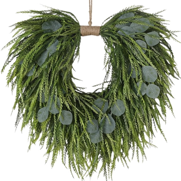 22-Inch Heart-Shaped Eucalyptus Wreath, Artificial Saw Grass Front Door Decor for Spring & Summer, Faux Greenery Wreath
