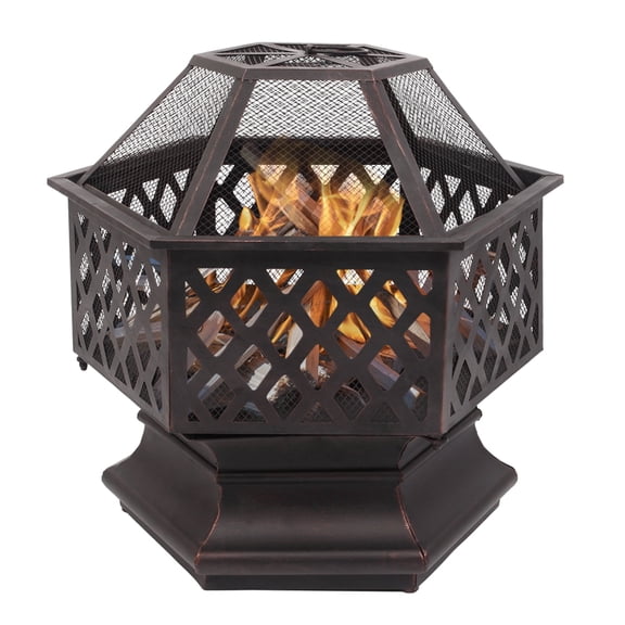 22-Inch Hexagonal Iron Wood-Burning Fire Pit - Distressed Bronze