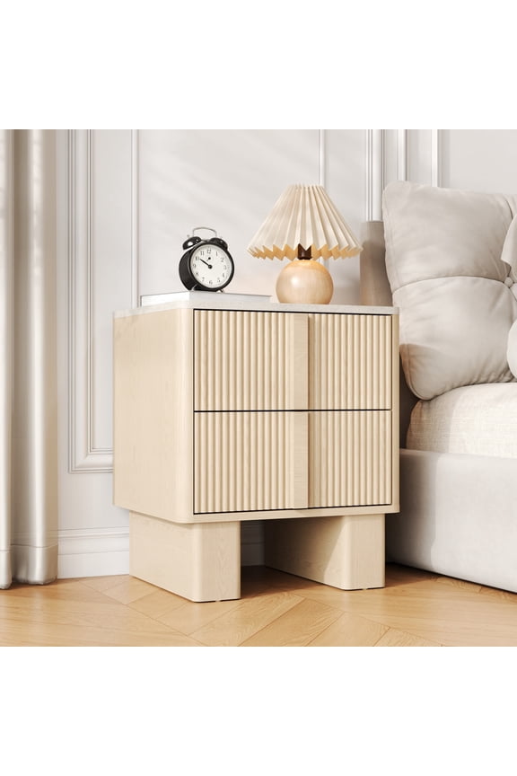 22-Inch High Fluted Nightstand - Integrated Charging Ports, 2 Roomy Storage Drawers & 2 Wide Reinforced Legs, Contemporary Bedside/End Table for Bedroom & Living Room, Whitewashed Oak​