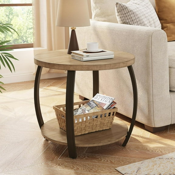 22 Inch High Round End Table with 2-Tier Storage, American Rustic Circle Side Table, Small Accent Sofa Table, Pine Wooden Top & Curved Metal Legs, for Living Room, Bedroom, Natural Wood Colord