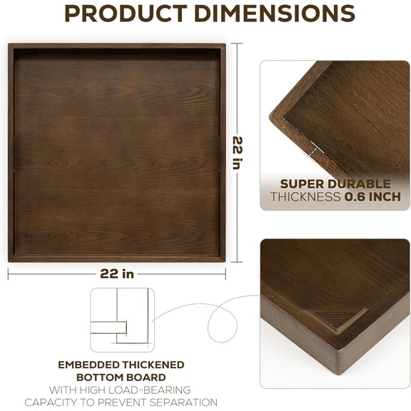 22 Inch Large Square Wooden Ottoman Tray for Living Room|Extra Large Serving Tray with Handles for Coffee Table, Breakfast|Decorative Wood Tray for Ottoman Couch Sofa Kitchen|Walnut