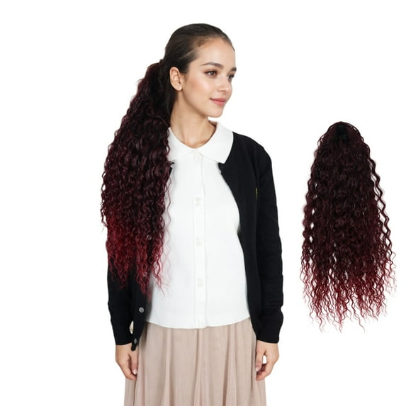 22-Inch Long Curly Black Drawstring Ponytail Extension for Women Soft Synthetic Wavy Clip-In Hairpiece - Gradient Wine Red