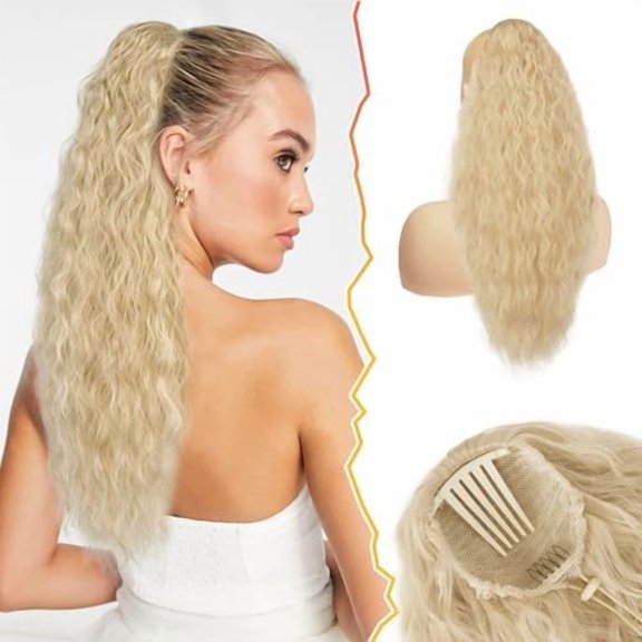 22 Inch Long Curly Wavy Drawstring Ponytail Extension - Synthetic Comb Clip in Ponytail Hairpiece for Women, Voluminous Beige Blonde Ponytail Hair Extensions  Ponytail Hairpieces