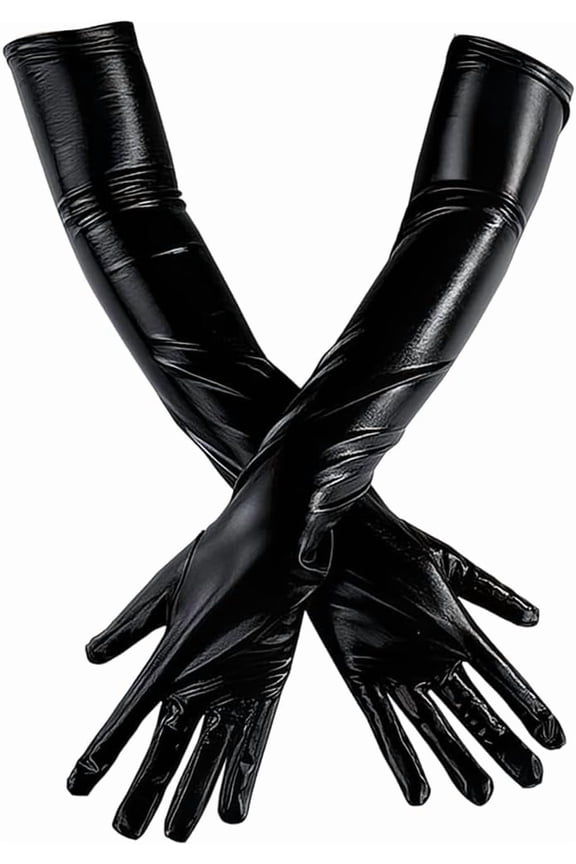 22 Inch Long PU Leather Opera Gloves Black Shiny Metallic Finger Hand Gloves Stretchy Leather Rave Role Play Arm Warmer Elbow Length