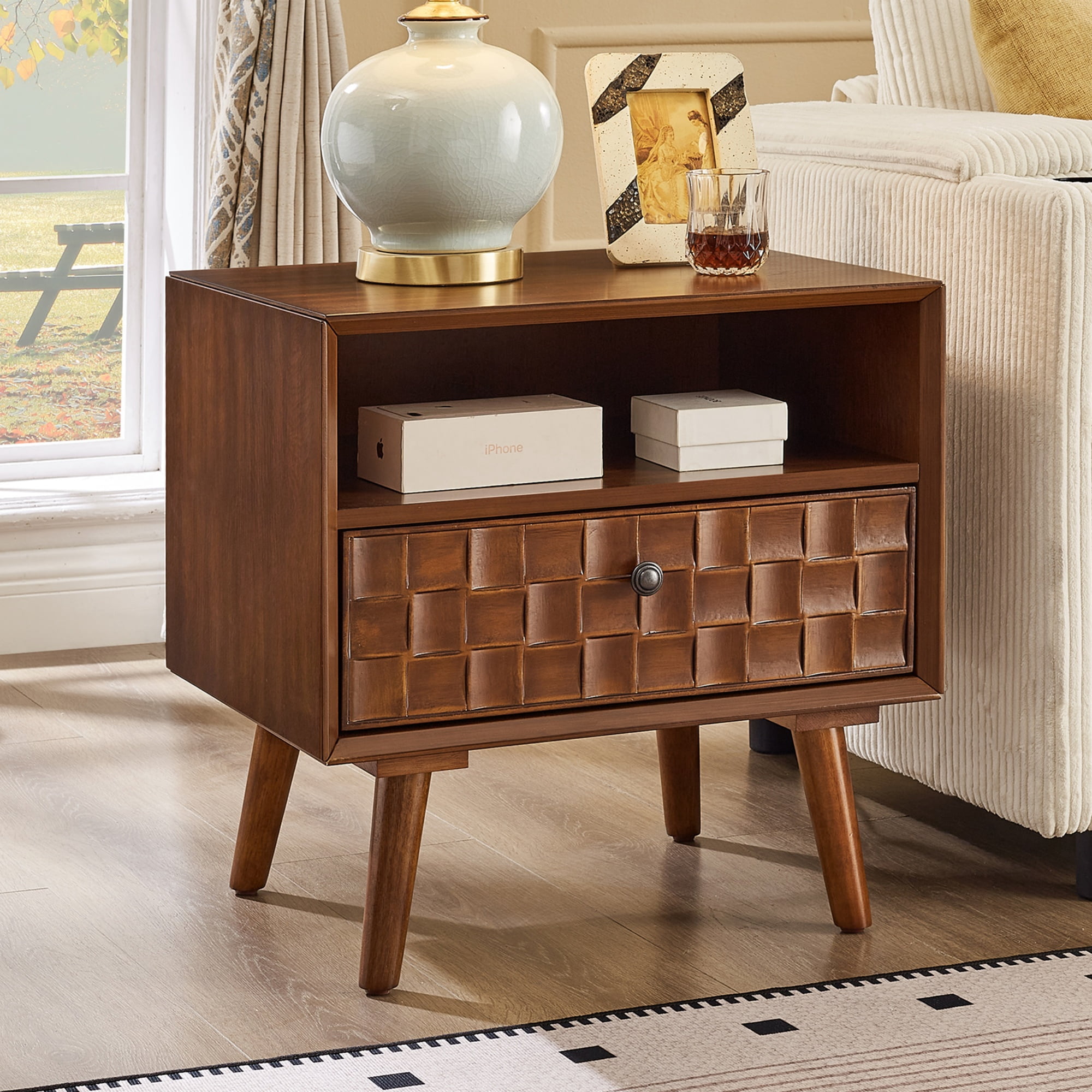 22-Inch Mid-Century Nightstand with Carved Geometric Drawer and Open Shelf, Wood Bedside Table and End Table for Small Spaces, Walnut
