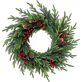 22 Inch Norfolk Pine Wreath for Front Door, Artificial Christmas Wreath & Realistic Pine Cones, Red Berries, Cedar Greenery, Rustic Christmas Farmhouse Indoor Outdoor Porch Home Decor