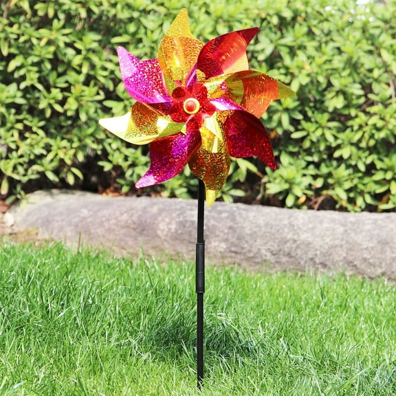 22 Inch Octagonal Windmill, Colorful Plastic Garden Bird Deterrent, Laser Reflective Yard Decoration, DIY Assembly Pinwheel Spinner with Stable Pole for Outdoor Patio