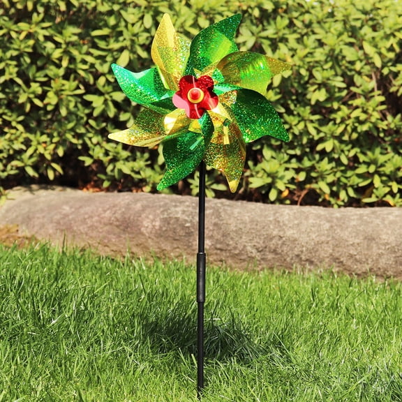 22 Inch Octagonal Windmill, Colorful Plastic Garden Bird Deterrent, Laser Reflective Yard Decoration, DIY Assembly Pinwheel Spinner with Stable Pole for Outdoor Patio