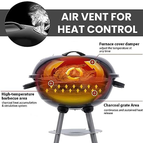 22 Inch Portable Charcoal Grill with Wheels for Outdoor Cooking Barbecue Camping BBQ Coal Kettle Grill - Heavy Duty Round with Thickened Grilling Bowl Wheels for Small Patio Backya