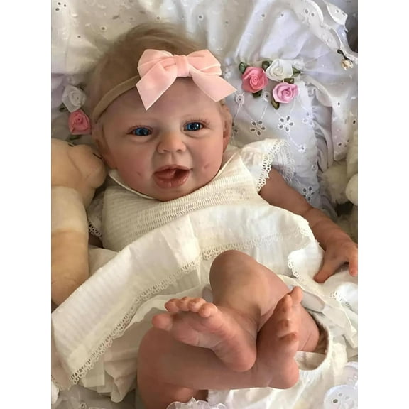 22 Inch Reborn Dolls Realistic Girl Newborn Babies Cute Happy Dolls Looks Real Life Lifelike Baby Doll Soft Cloth Body Weighted Doll Blonde Hair for Gift