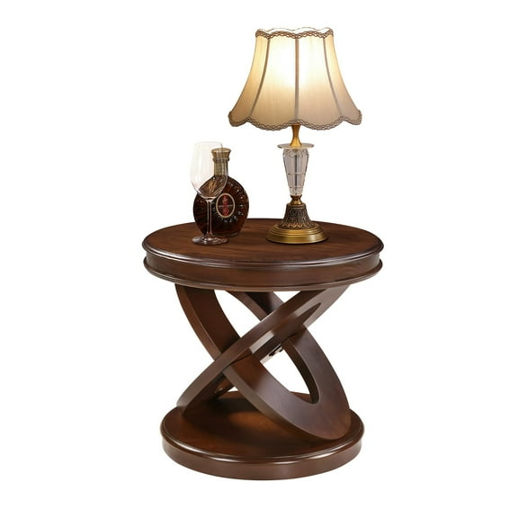 22 Inch Retro Round End Table - X-Shaped Walnut Wood Side Table for Small Spaces in Living Room & Dining Room