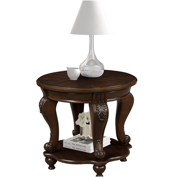 22 Inch Retro Round End Table with Shelf, Solid Wood Sofa Side Table for Living Room, Easy Assembly Cherry Finish