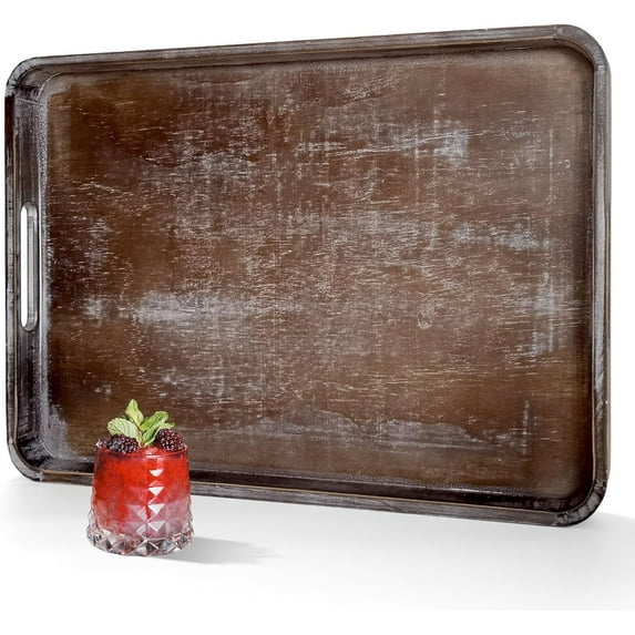 22 Inch Rustic Wood Serving Tray with Handles, Large Rectangular Wooden Ottoman Tray, Beautiful Home Décor for Living Room Coffee Table Couch, Ideal for Serving Food Breakfast BBQ Parties