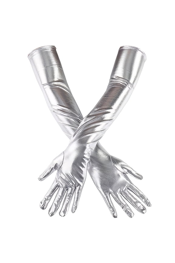 22 Inch Silver Shiny Metallic PU Leather Gloves