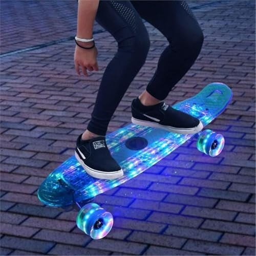 22 Inch Skateboard for Kids 6-8,Led Light Up Cruiser Skateboards Complete for Ages 4-5-10-12 Boys Girls Beginners Teens Youths,Mini Kids Skateboard Small Penny Board Flash Clear Blue