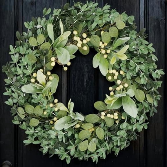 22 Inch Soft Touch Boxwood Wreath for Front Door - All Seasons Greenery Wreath with Lambs Ear & White Berries, Spring Door Wreath, Winter Wreaths for Front Door Outside, Year Round Door Decor