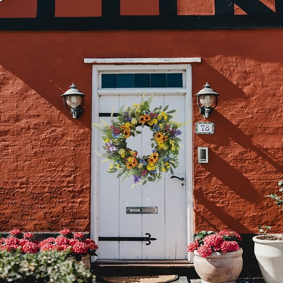 22 Inch Spring Summer Wreath for Front Door,Sunflower and with Eucalyptus Leaves,Mixed Flower,Fairy Lights,Artificial Wreath for Front Door Spring Outdoor Home Decor Easter Decor