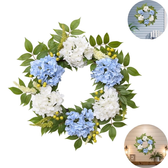 22 Inch Spring Summer Wreaths for Front Door Artificial Hydrangea Green Wreath Accented With Purple And Lilies Flower UV Resistant for Farmhouse Window Wall Decor Outside All Season