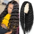 thumbnail image 1 of 22 Inch Synthetic Curly Wig Long Deep Wave Lace Wigs for Black Women Fake Scalp Natural Crimps Curls Lace Front Wig Pre Plucked Curly #1B, 1 of 8