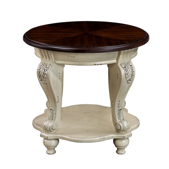 22 Inch Two Tone Round Rubber Wood End Side Table with Storage Shelf, Antique Distressed Cabriole Legs Heat Resistant Tabletop Rounded Corner Small Space Accent Corner Table Full Hardware Included Cu