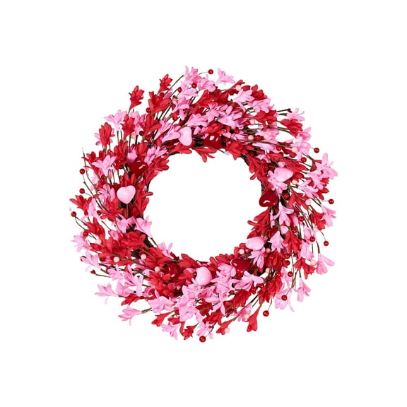 22 Inch Valentine’s Day Pink Floral Wreath for Front Door, Artificial Forsythia Wreath with Red Heart Berries, Romantic Love Wreath for Anniversary Wedding Entryway Wall Window Holiday Home Décor