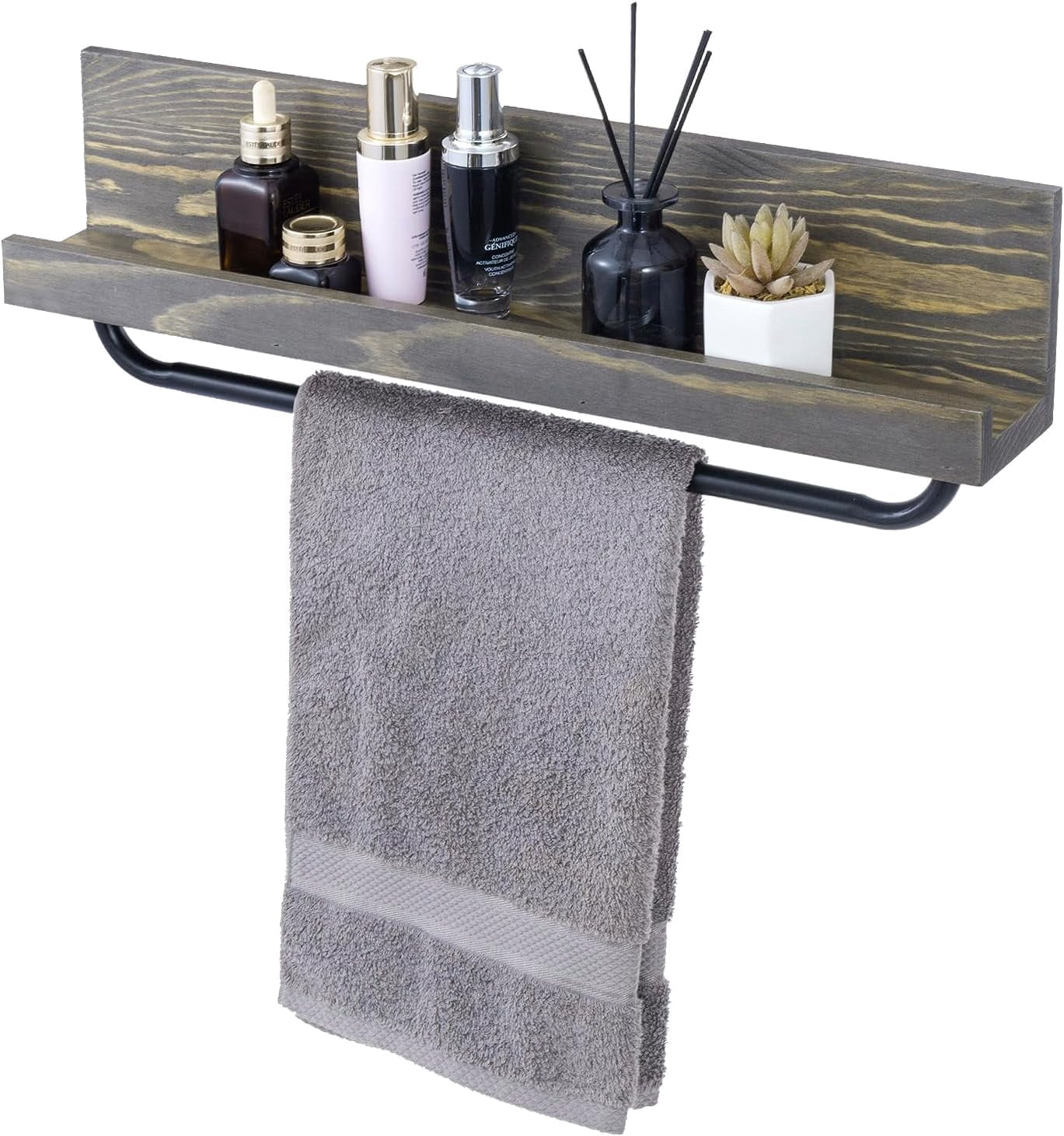 22 Inch Vintage Weathered Gray Solid Wood Floating Shelf with Black ...