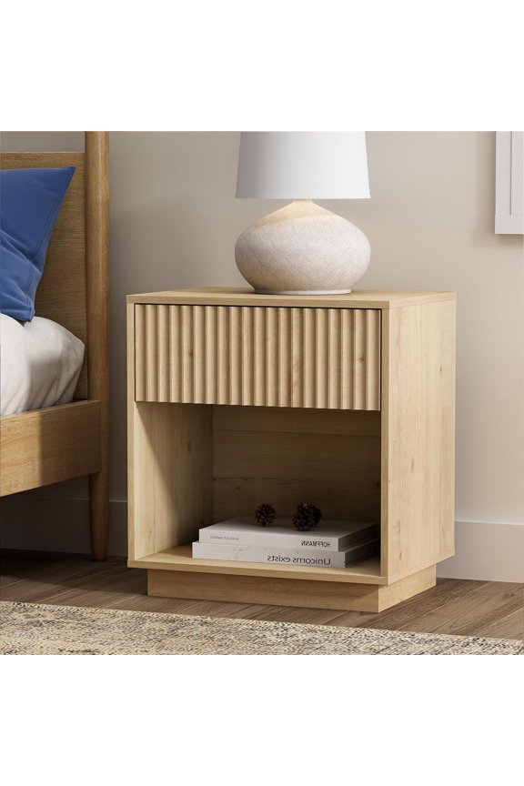 22 Inch Wide Bedside Table with Large Drawer & Open Shelf, Easy Assembly Wooden End Table for Bedroom, Home Office, Light Oak