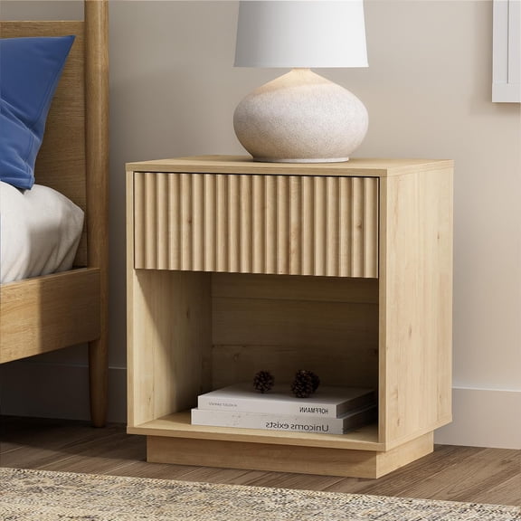 22 Inch Wide Bedside Table with Large Drawer & Open Shelf, Easy Assembly Wooden End Table for Bedroom, Home Office, Light Oak