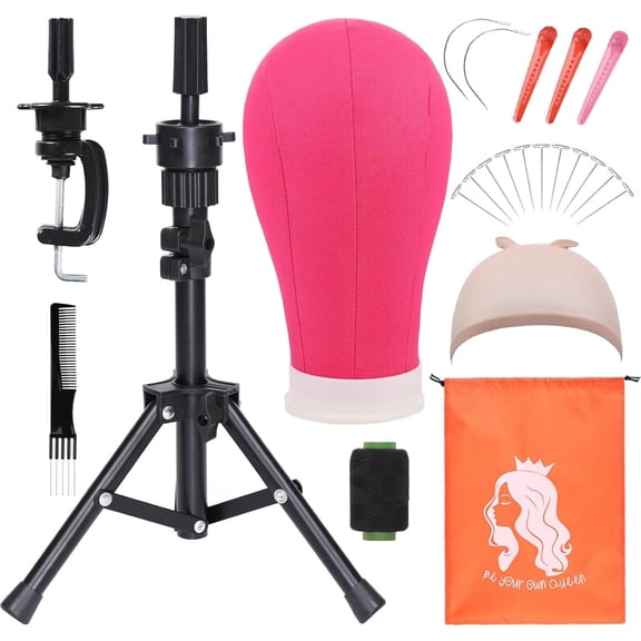 22 Inch Wig Stand with Set for Styling Wigs,Canvas Wig with Foldable Mannequin Tripod for Wigs,Wig Stand Tripod with Canvas Block for (Rosy)