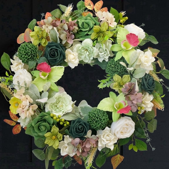 22-inch Spring and Summer Wreaths for Front Door, Green and Cream Roses, Decorated with Hydrangeas and Greenery Door Wreaths for Front Door Outside