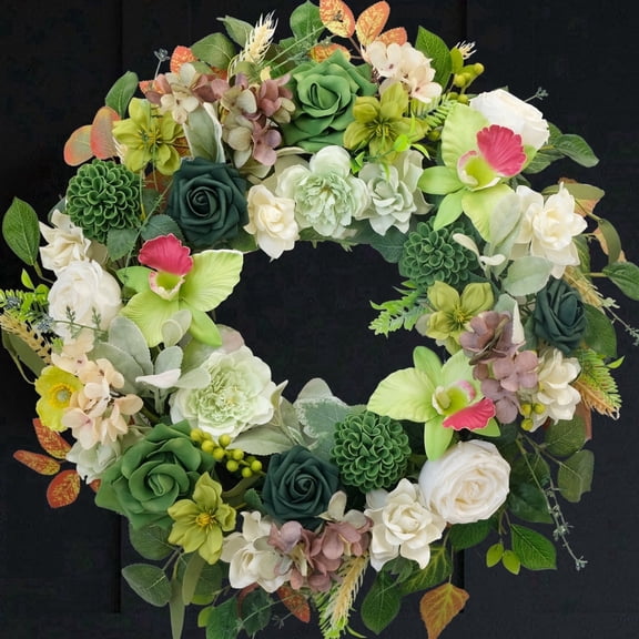 22-inch Spring and Summer Wreaths for Front Door, Green and Cream Roses, Decorated with Hydrangeas and Greenery Door Wreaths for Front Door Outside