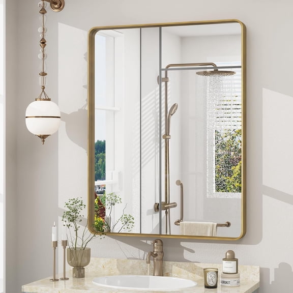 22 Inch by 30 Inch Brushed Gold Metal Rectangle Wall Mirror for Bathroom or Entryway Horizontal or Vertical