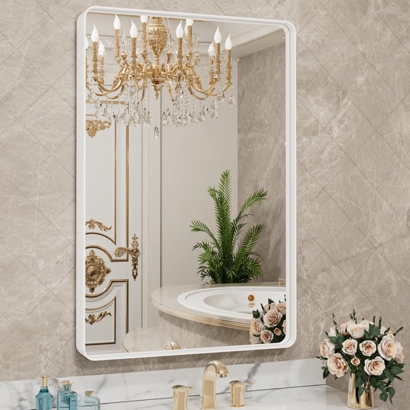 22 Inch by 30 Inch White Metal Framed Bathroom Mirror, Rounded Rectangle, Anti-Rust, Horizontal or Vertical Mount