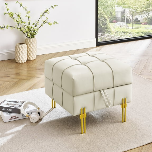 22 Inches Anti-Scratch Leather Storage Ottoman, Pet Friendly Entryway Bench with Golden Stainless Steel Legs, Beige