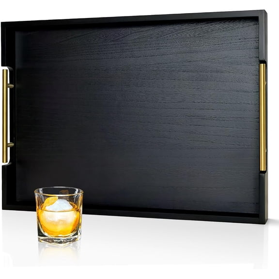 22 Inches Black Wooden Serving Tray with Golden Metal Handles | Large Rectangular Decorative Wood Tray for Living Room Kitchen Coffee Table Couch Bed