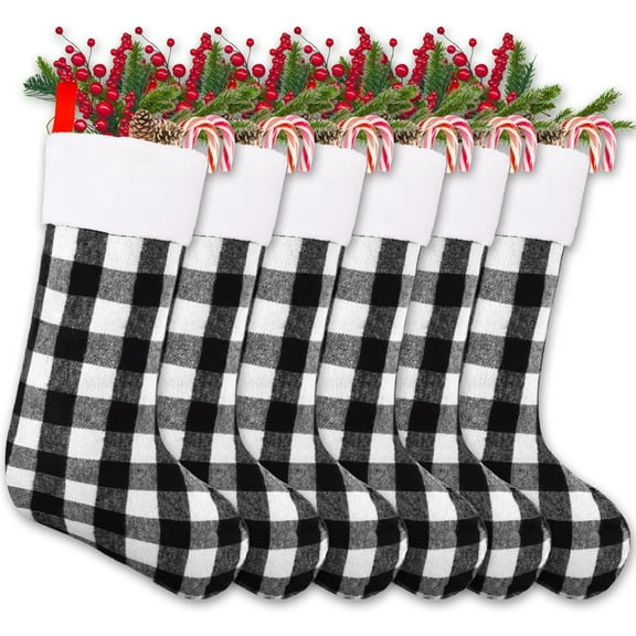 22 Inches Christmas Stockings 6 Pack, Large Black Red Buffalo Plaid Hanging Stockings for Christmas Tree and Fireplace, Perfect Holiday Party Decorations for Family